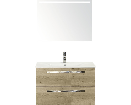 Badmöbel-Set Sanox Seville BxHxT 81 x 170 x 46 cm Frontfarbe eiche natur mit Waschtisch Keramik weiß und Keramik-Waschtisch Spiegel mit LED-Beleuchtung Waschtischunterschrank-0