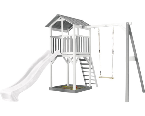 Spielturm axi Beach Tower mit Einzelschaukel und Rutsche weiß Holz grau weiß