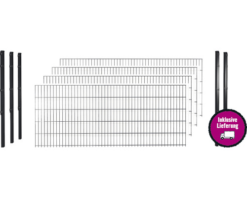 Doppelstabmattenset 6/5/6 inkl Pfosten mit Flachhalter 103 cm x 10 m, anthrazit