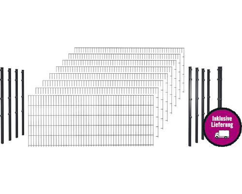 Doppelstabmattenset 6/5/6 inkl Pfosten mit 1 Eckpfosten mit Klemmhalter 83 cm x 20 m, anthrazit