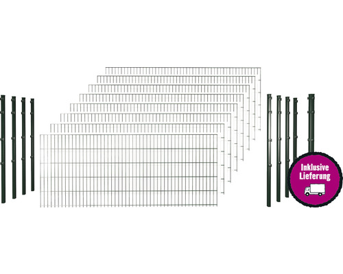 Doppelstabmattenset 6/5/6 inkl Pfosten mit 1 Eckpfosten mit Klemmhalter 63 cm x 20 m, grün