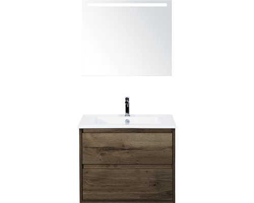 Badmöbel-Set Sanox Porto BxHxT 71 x 170 x 51 cm Frontfarbe tabacco mit Waschtisch Keramik weiß und Keramik-Waschtisch Spiegel mit LED-Beleuchtung Waschtischunterschrank-0