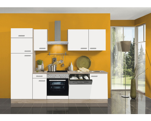 Küchenzeile Optifit Zamora Breite 270 cm Frontfarbe weiß Korpusfarbe Nachbildung eiche-hell sägerau inkl. E-Geräte KPZM 2722DE-9+