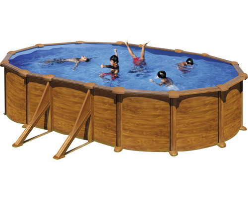 Aufstellpool Stahlwandpool-Set Solo oval 610x375x132 cm inkl. Einbauskimmer Holzoptik
