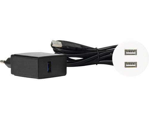 VersaPICK Einbauset rund 2x USB-Anschlüsse edelstahlfarben inkl 2 m USB-A Anschlusskabel und Netzadapter
