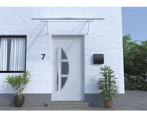 ARON Vordach Pultform Paris VSG 150x75 cm weiß inkl. Konsole R und Regenrinne links geschlossen-0