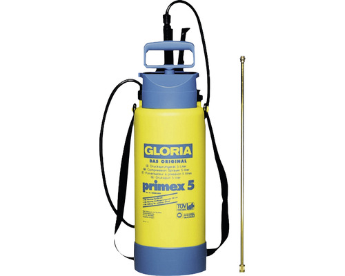 GLORIA primex 5 - Drucksprühgerät 5 L, Gartenspritze inkl. 0,5 m Messing-Verlängerungsrohr, Fußring und Kompressoranschluss