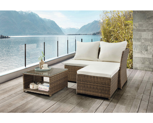 Gartenmöbelset Destiny Loft 3 -Sitzer bestehend aus: Sofa, Hocker, inkl. Auflagen, Tisch Polyrattan Aluminium Braun