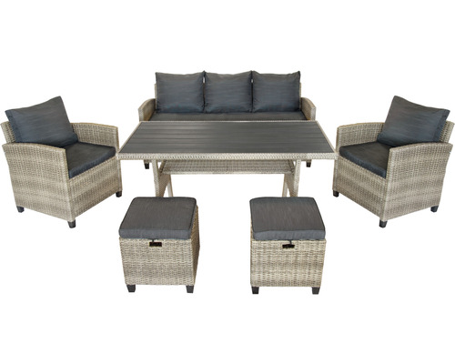 Dining-Set Gartenmöbelset Loungeset 5 -Sitzer bestehend aus: Dreisitzer-Sofa,2 Sessel,2 Hocker,Tisch,inkl, Auflagen Polyrattan Stahl Grau