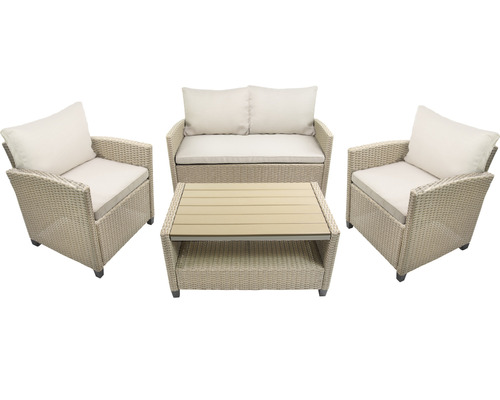 Gartenmöbelset Loungeset 4 -Sitzer bestehend aus: Sofa, 2 Sessel, Tisch, inkl. Auflagen Polyrattan Stahl Beige