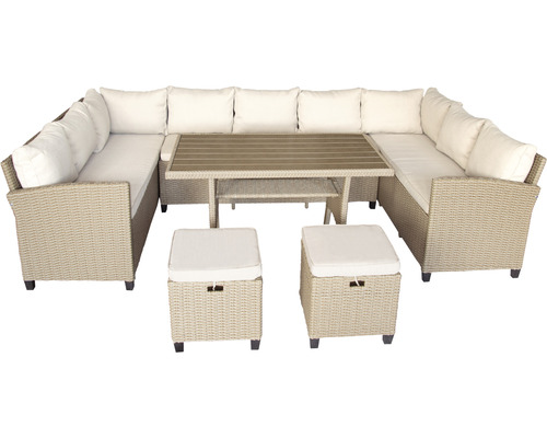 Dining-Set Gartenmöbelset Loungeset 9 -Sitzer bestehend aus: Dreisitzer-Sofa,2 Hocker,Tisch,inkl, Auflagen Polyrattan Stahl Beige