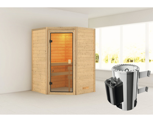 Plug & Play Sauna Woodfeeling Antonia inkl.3,6kW Ofen u.intergr.Steuerung ohne Dachkranz mit bronzierter Ganzglastüre