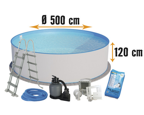 Aufstellpool Stahlwandpool-Set Planet Pool Exklusiv rund Ø 500x120 cm inkl. Sandfilteranlage, Leiter, Einbauskimmer, Filtersand & Anschlussschlauch weiss