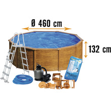Aufstellpool Stahlwandpool-Set Planet Pool rund Ø 460x132 cm inkl. Sandfilteranlage, Einbauskimmer, Leiter, Filtersand & Anschlussschlauch Holzoptik-thumb-0