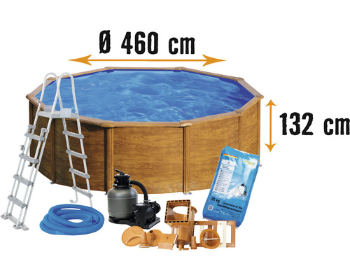 Aufstellpool Stahlwandpool-Set Planet Pool rund Ø 460x132 cm inkl. Sandfilteranlage, Einbauskimmer, Leiter, Filtersand & Anschlussschlauch Holzoptik-0