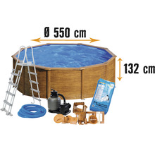 Aufstellpool Stahlwandpool-Set Planet Pool rund Ø 550x132 cm inkl. Sandfilteranlage, Einbauskimmer, Leiter, Filtersand & Anschlussschlauch Holzoptik-thumb-0