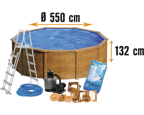 Aufstellpool Stahlwandpool-Set Planet Pool rund Ø 550x132 cm inkl. Sandfilteranlage, Einbauskimmer, Leiter, Filtersand & Anschlussschlauch Holzoptik-0