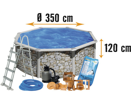 Aufstellpool Stahlwandpool-Set Planet Pool rund Ø 350x120 cm inkl. Sandfilteranlage, Einbauskimmer, Leiter, Filtersand & Anschlussschlauch Steinoptik
