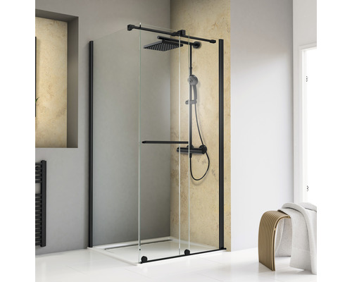 Duschtür mit Seitenwand SCHULTE TouraPlus 80 x 120 cm Profilfarbe schwarz Klarglas mit Schmutzabweisende Glasbeschichtung