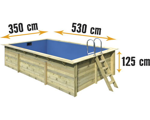 Aufstellpool Holzpool-Set Karibu Grösse 3 rechteckig 530x350x125 cm inkl. Bodenschutzvlies, Innenauskleidung mit Keilbiese & Leiter mit Plattform