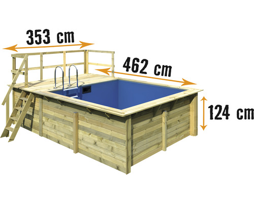 Aufstellpool Holzpool-Set Karibu Grösse 1 rechteckig 462x353x124 cm inkl. Bodenschutzvlies, Innenauskleidung mit Keilbiese & Leiter mit Plattform