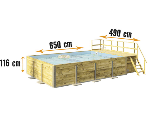 Aufstellpool Holzpool-Set Weka 595 rechteckig 650x490x201 cm inkl. Bodenschutzvlies, Filteranlage, Filtersand, Innenauskleidung blau