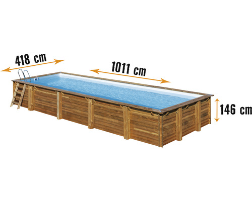 Aufstellpool Holzpool-Set eckig 1011 x 418 x 146 cm inkl. Sandfilteranlage, Skimmer, Leiter, Filtersand & Bodenschutzvlies Holz