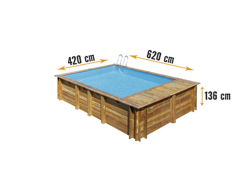 Aufstellpool Holzpool-Set Gre rechteckig 620x420x136 cm inkl. Sandfilteranlage, Skimmer, Leiter, Filtersand, Bodenschutzvlies & Technikraum Holz