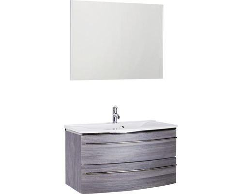 Badmöbel-Set Marlin 3040 Frontfarbe Kastanie graphit Holzdekor 3-teilig mit Mineralmarmor-Waschtisch weiß BxHxT 92,4 x 198,2 x 48 cm mit Spiegel-0