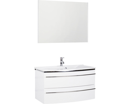 Badmöbel-Set Marlin 3040 Frontfarbe weiß hochglanz 3-teilig mit Mineralmarmor-Waschtisch weiß BxHxT 92,4 x 198,2 x 48 cm mit Spiegel-0