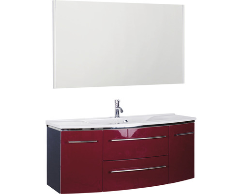 Badmöbel-Set Marlin 3040 Frontfarbe rot glanz 3-teilig mit Mineralmarmor-Waschtisch granit weiß BxHxT 122 x 198,2 x 48 cm mit Spiegel