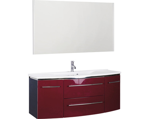 Badmöbel-Set Marlin 3040 Frontfarbe rot glanz 3-teilig mit Mineralmarmor-Waschtisch weiß BxHxT 122,4 x 198,2 x 48 cm mit Spiegel