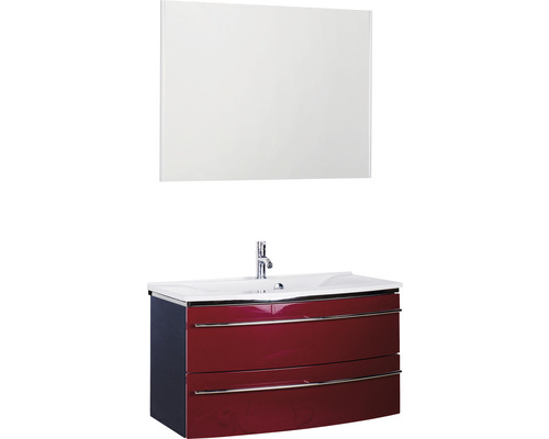 Badmöbel-Set Marlin 3040 Frontfarbe rot glanz 3-teilig mit Mineralmarmor-Waschtisch granit weiß BxHxT 92 4 x 198 2 x 48 cm mit Spiegel