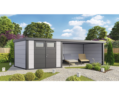 Gartenhaus Finnhaus Eleganto 3030 inkl. Lounge 4530 rechts mit Seitendach, Rück- und Seitenwand 760 x 298 cm weiß-0