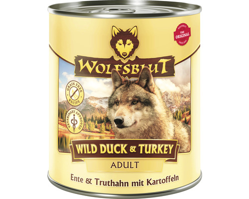 Hundefutter nass WOLFSBLUT Wild Duck & Turkey Adult , Ente und Truthahn mit Kartoffeln mit wertvollen Superfoods, getreidefrei, Glutenfrei 800 g