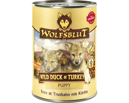 Hundefutter nass WOLFSBLUT Wild Duck & Turkey Puppy , Welpenfutter, Ente und Truthahn mit Kürbis mit wertvollen Superfoods, getreidefrei, Glutenfrei 395 g