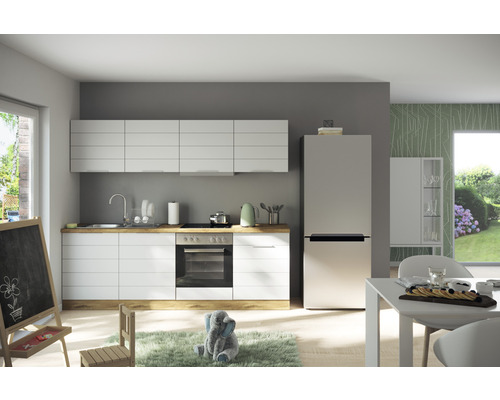 Küchenzeile Held Möbel Florenz 240 cm Frontfarbe Weiß Matt Korpusfarbe Eiche hell inkl. Einbaugeräte 1103.6291