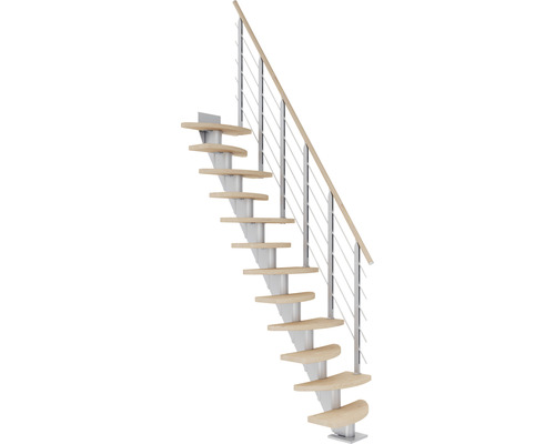 Pertura Mittelholmtreppe Aris perlgrau variabel 64 cm mit Geländer 10 Stufen/11 Steigungen Eiche weiß geölt