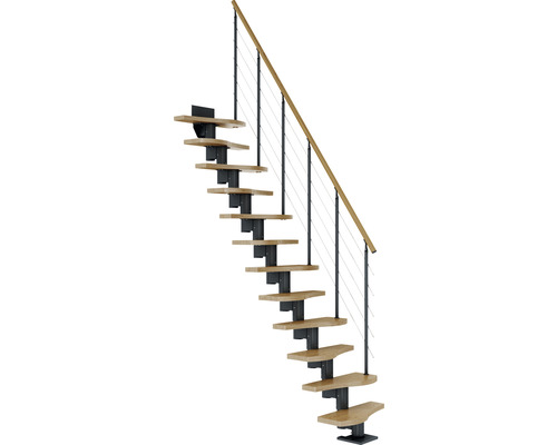 Pertura Mittelholmtreppe Vaia anthrazit variabel 64 cm mit Geländer 11 Stufen/12 Steigungen Eiche lackiert