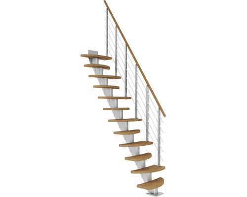 Pertura Mittelholmtreppe Aris perlgrau variabel 64 cm mit Geländer 10 Stufen/11 Steigungen Eiche geölt
