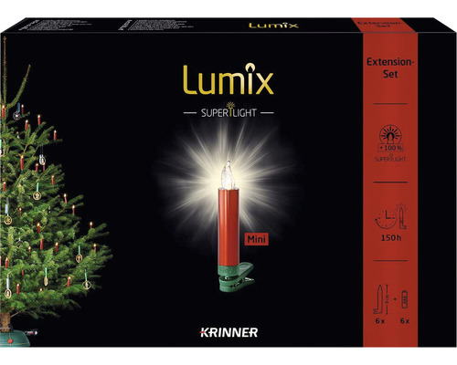 6er-Set kabellose LED Weihnachtsbaumkerzen Erweiterungs-Set Krinner Lumix Superlight Mini Metallic rot Lichterfarbe warmweiß inkl. Timerfunktion und Batterie