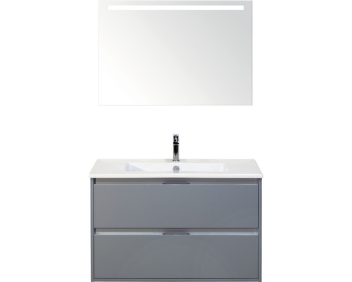 Badmöbel-Set Sanox Porto BxHxT 91 x 170 x 51 cm Frontfarbe eisgrün mit Waschtisch Keramik weiß und Keramik-Waschtisch Spiegel mit LED-Beleuchtung Waschtischunterschrank-0