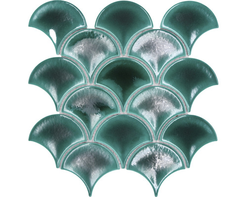 Fischschuppen Keramikmosaik FS IC5 Fächer Ice Crackle dark green 25,9x27,3cm-0