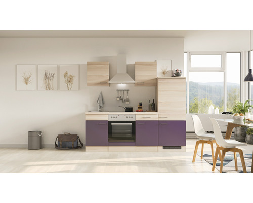Küchenzeile Flex Well Focus 220 cm Frontfarbe akazie aubergine matt Korpusfarbe akazie-dekor inkl. Einbaugeräte 12353-0