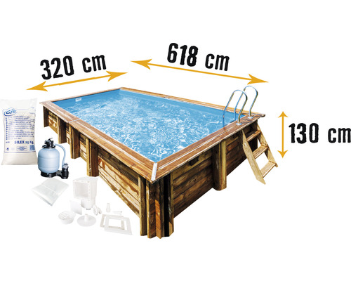 Aufstellpool Holzpool-Set Gre rechteckig 618x320x130 cm inkl. Sandfilteranlage, Skimmer, Leiter, Filtersand & Bodenschutzvlies Holz
