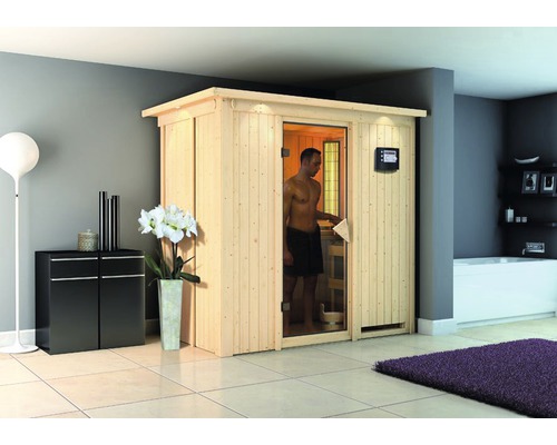 Elementsauna Karibu Mariado inkl. 9 kW Bio Ofen u.ext.Steuerung und Dachkranz