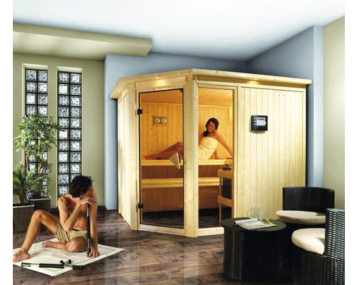 Elementsauna Karibu Sparset Siona 3 inkl. 9 kW Ofen u.ext.Steuerung und Dachkranz