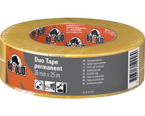 ROXOLID Duo Tape permanent Doppelseitiges Klebeband Sockelleistenband transparent 38 mm x 25 m