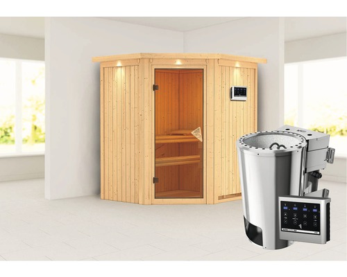 Plug & Play Sauna Karibu Monja Sparset inkl. 3,6 kW Bio Ofen u.ext.Streuerung und Dachkranz