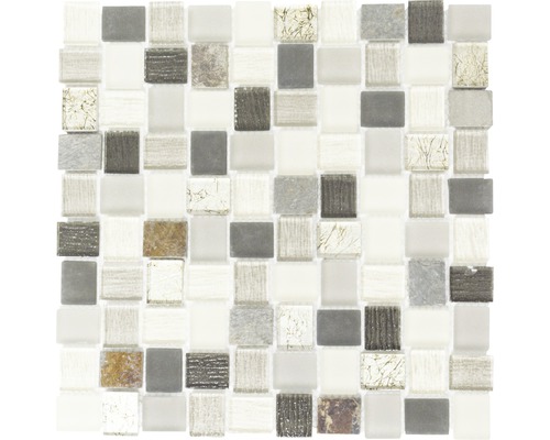 Glasmosaik mit Naturstein XCM R09 weiß/grau 27,3x27,3 cm